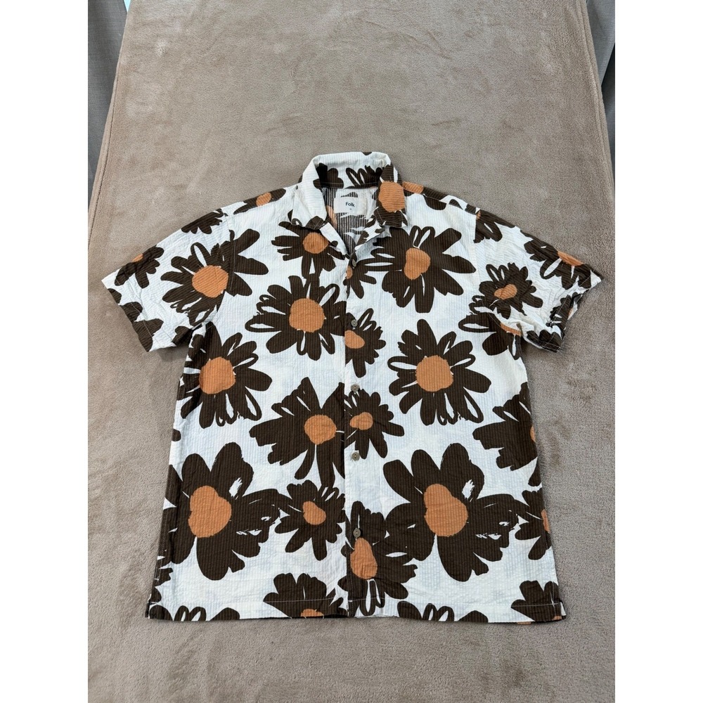 Folk Floral Seersucker Shirt Mens Size M Brown White short sleeve EUC